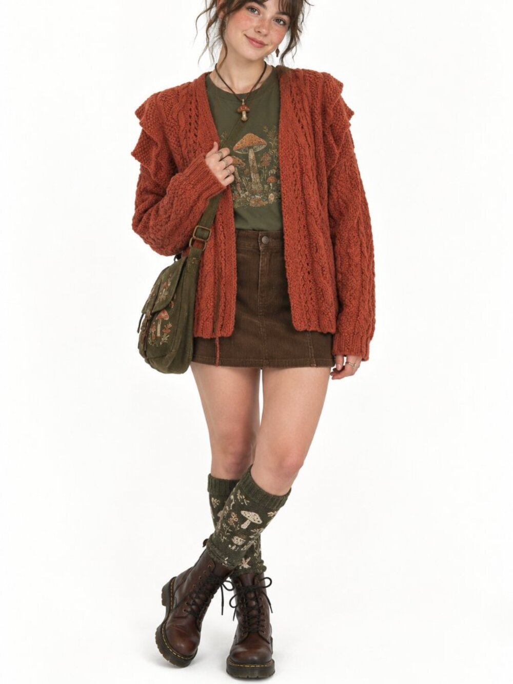 Universal Thread Chunky Cable Knit Cardigan Sweater XS Brown Ruffles Goblincore
